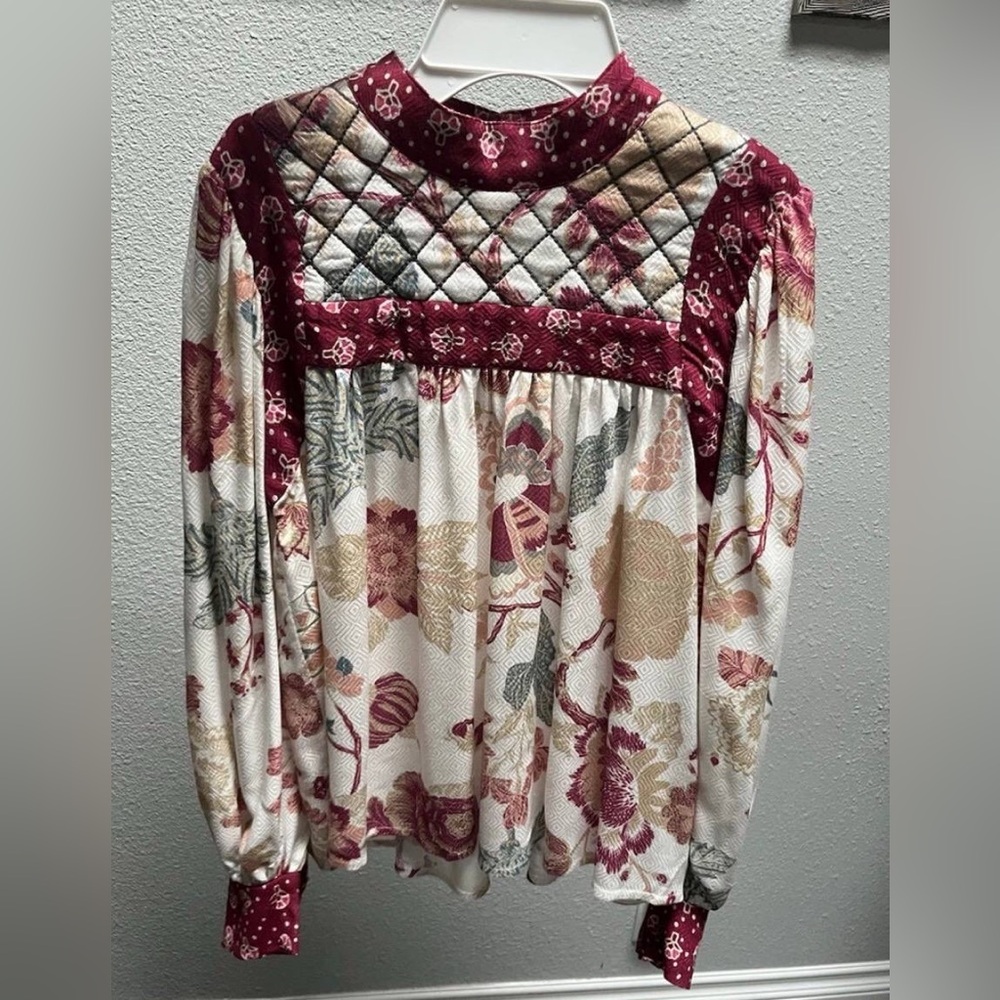 Anthropologie Let Me Be Cream and Burgundy Floral Quilted-Yoke Blouse